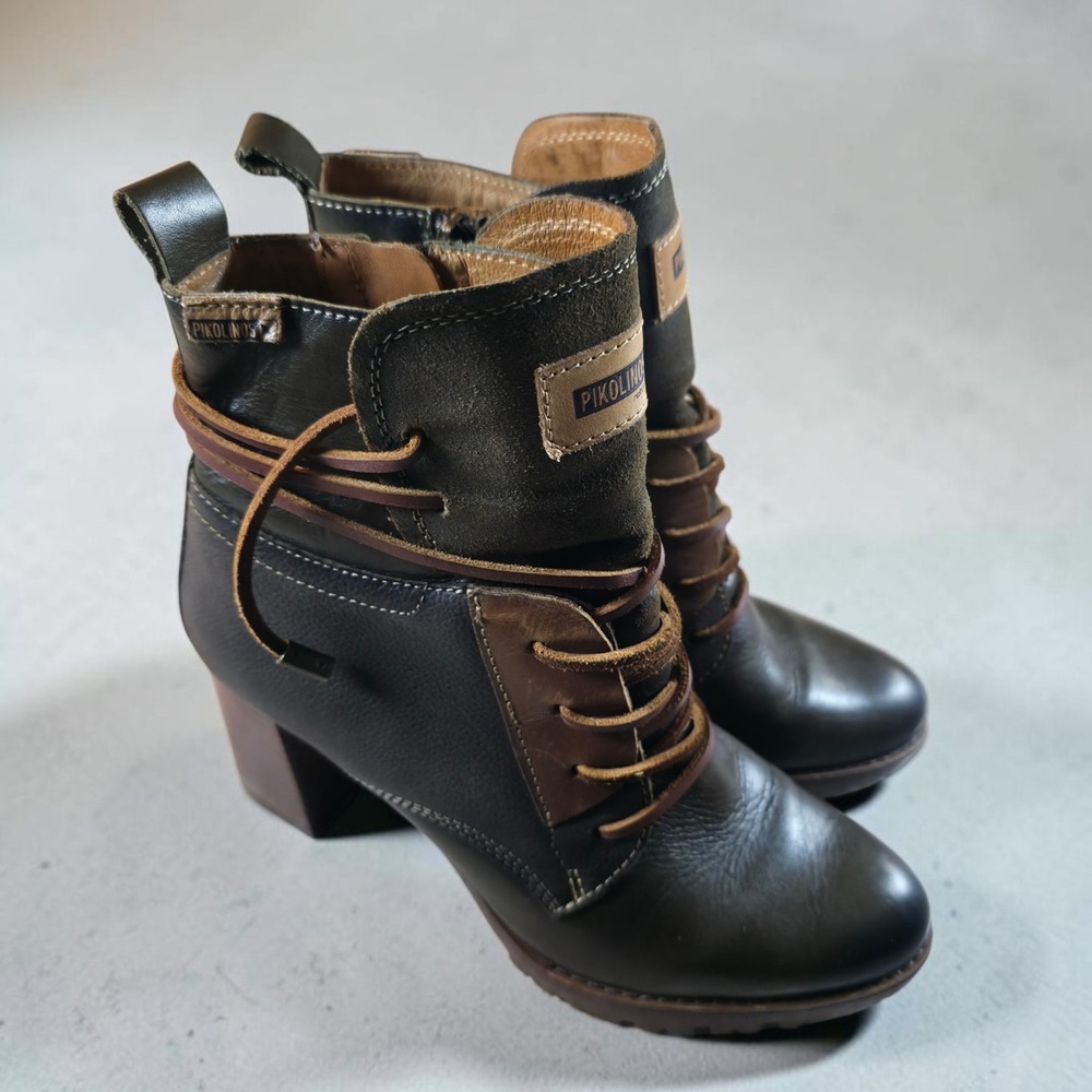 PIKOLINOS Connelly Lug Sole Block Heel Ankle Bootie Boots Brown Leather 8 / 38